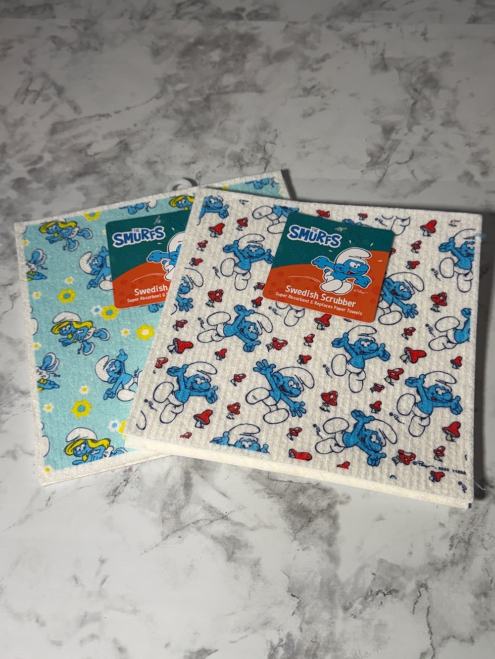 Smurfs Swedish Scrubbers - Blue & White Character Designs.